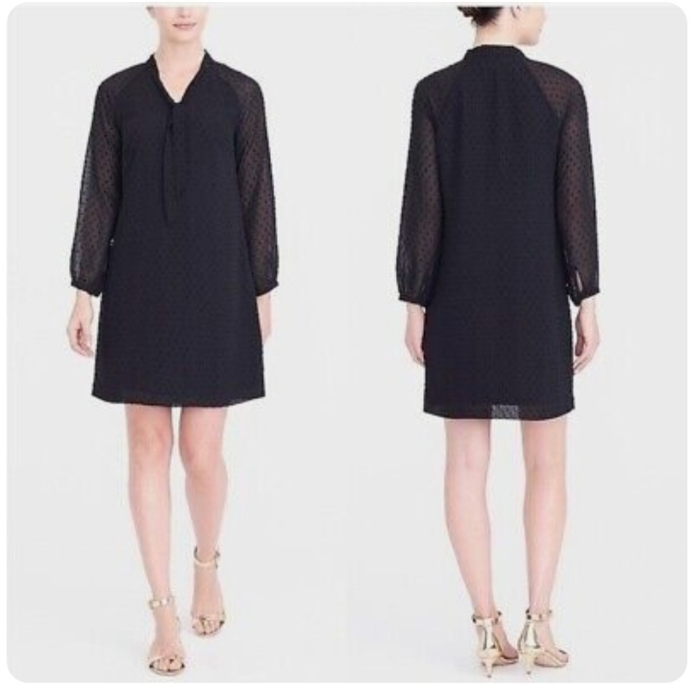 J.Crew Black Swiss Dot Shift Dress Size 10 Sheer Sleeve Tie Neck Elegant  #996